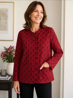 Women's Red Printed Collarless Jacket - button down Size Medium